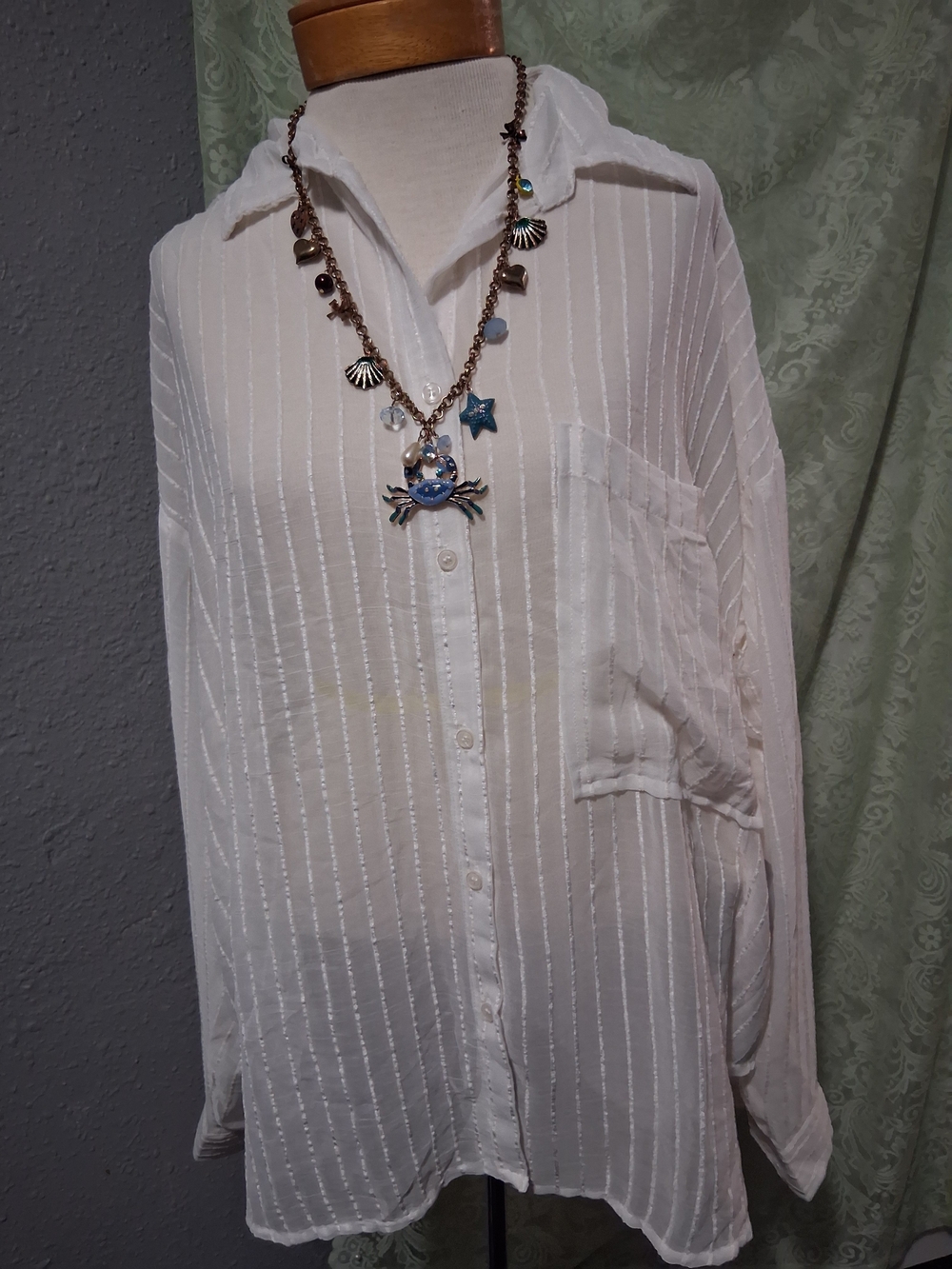 Women’s White Sheer Vertical-Striped Button-Down Shirt